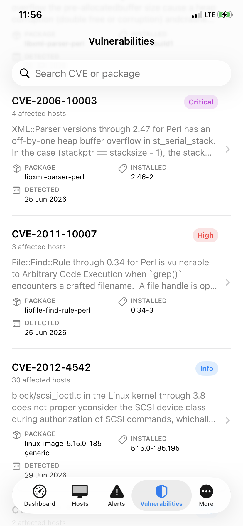 Gozuh vulnerabilities screen showing CVE rows, severity, packages, installed versions, and detection dates.
